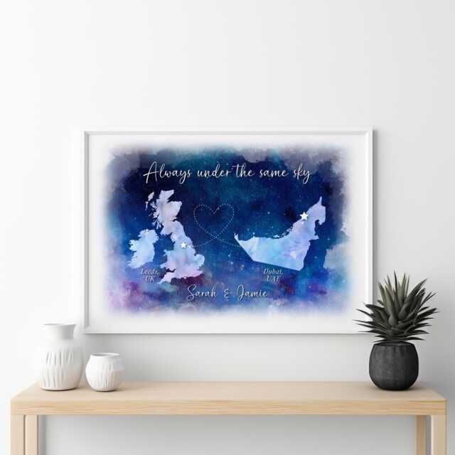 Always Under The Same Sky, Long Distance Relationship Or Friendship Gift, Personalised Print For Best Friend, Boyfriend Girlfriend - image 1