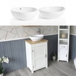 White Bathroom Vanity Cabinet Sink Unit - Modern Wash Stand Travertine Worktop Ceramic Basin, Tap & Plug