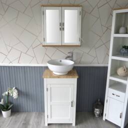 White Bathroom Vanity Cabinet Sink Unit - Modern Wash Stand Travertine Worktop Ceramic Basin, Tap & Plug - thumbnail 2