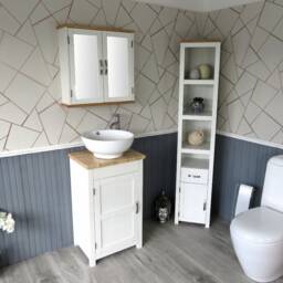 White Bathroom Vanity Cabinet Sink Unit - Modern Wash Stand Travertine Worktop Ceramic Basin, Tap & Plug - thumbnail 3