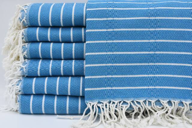 "Blue Towel, Striped Towel, Bohemian Towel, Hammam Peshtemal, Turkish Towel, 37""x70" - image 1