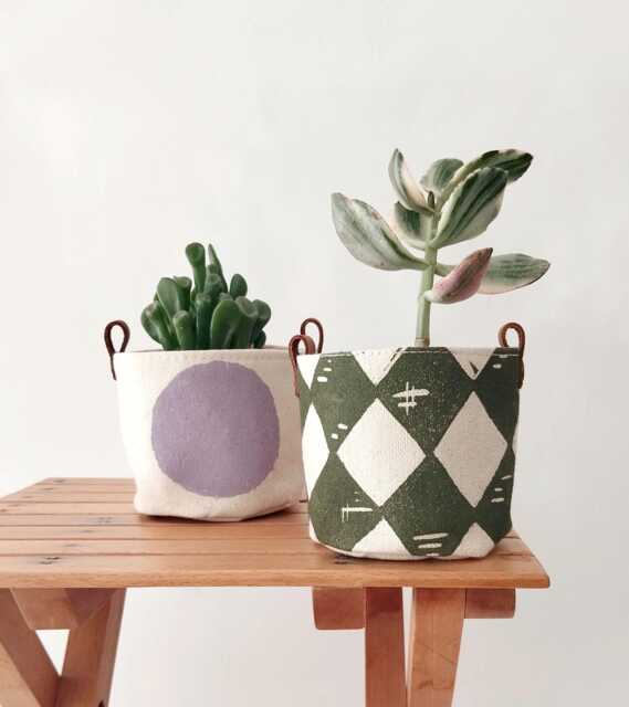 Small Fabric Planter Set Mini Boho Planters, Block Printed Design - Set Of 2, Olive & Lilac, Cotton With Leather Trim - image 1