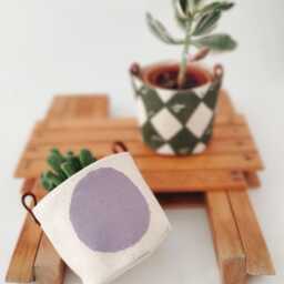 Small Fabric Planter Set Mini Boho Planters, Block Printed Design - Set Of 2, Olive & Lilac, Cotton With Leather Trim - thumbnail 4