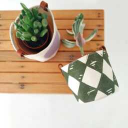 Small Fabric Planter Set Mini Boho Planters, Block Printed Design - Set Of 2, Olive & Lilac, Cotton With Leather Trim - thumbnail 3