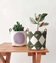 Small Fabric Planter Set Mini Boho Planters, Block Printed Design - Set Of 2, Olive & Lilac, Cotton With Leather Trim