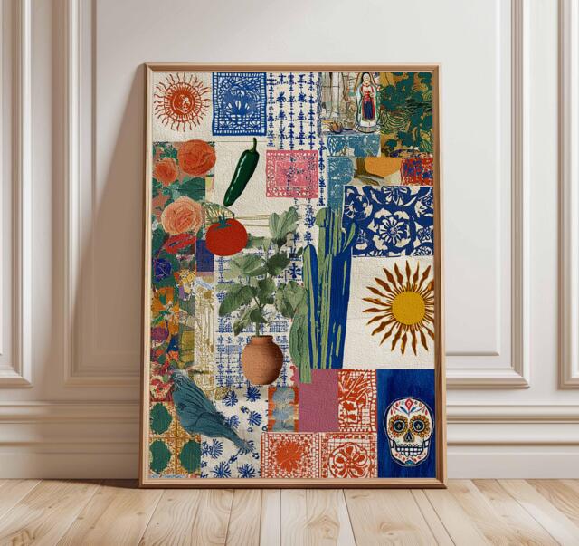 Mexican Folk Art Collage Print, Colorful Boho Wall With Sun & Cactus, Vibrant Southwestern Poster, Eclectic Home Decor - image 1