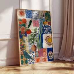 Mexican Folk Art Collage Print, Colorful Boho Wall With Sun & Cactus, Vibrant Southwestern Poster, Eclectic Home Decor - thumbnail 2