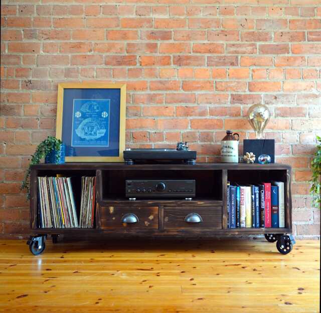 Industrial Vinyl Storage Console Charred Wood Tv Media Unit - image 1