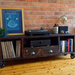 Industrial Vinyl Storage Console Charred Wood Tv Media Unit - thumbnail 2