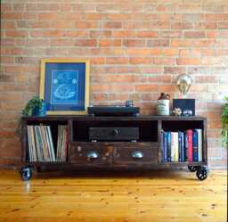 Industrial Vinyl Storage Console Charred Wood Tv Media Unit