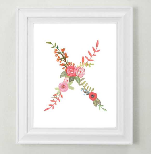 Floral Letter X Art Print Hand-Painted Nursery Decor - image 1