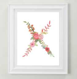 Floral Letter X Art Print Hand-Painted Nursery Decor