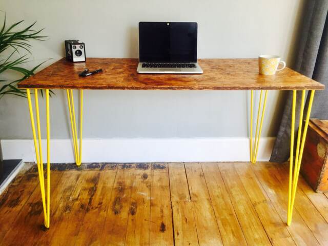 Osb Industrial Desk With Yellow Steel Hairpin Legs - image 1