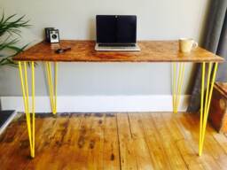 Osb Industrial Desk With Yellow Steel Hairpin Legs - thumbnail 1