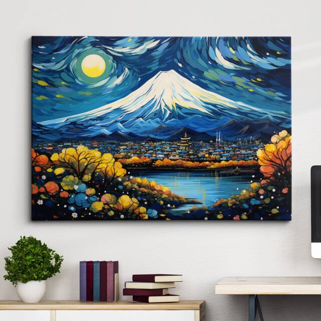 Mount Fuji Landmark Oil Painting Style Wall Art, Framed Calming Canvas Poster Print Home Office Room Decor Gifts - image 1