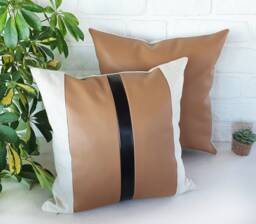 Color Block Faux Leather Pillow Cover Tan & Black Linen Accent - thumbnail 1