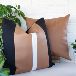 Color Block Faux Leather Pillow Cover Tan & Black Linen Accent - thumbnail 2