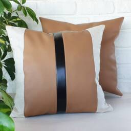 Color Block Faux Leather Pillow Cover Tan & Black Linen Accent - thumbnail 4