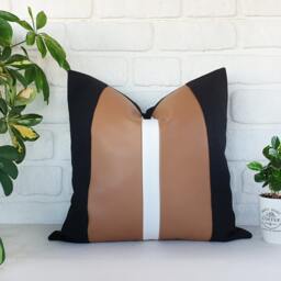 Color Block Faux Leather Pillow Cover Tan & Black Linen Accent - thumbnail 3