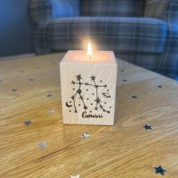 Personalised Zodiac Sign Candle - Short Wooden Tea Light Holder - Engraved Gift For Home Star Astrology - thumbnail 3