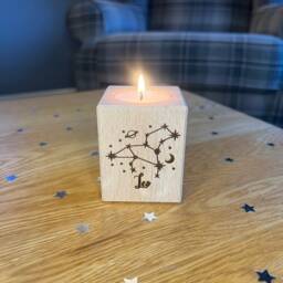 Personalised Zodiac Sign Candle - Short Wooden Tea Light Holder - Engraved Gift For Home Star Astrology - thumbnail 2