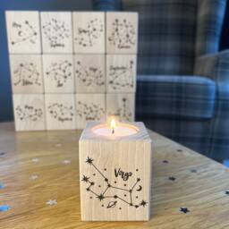 Personalised Zodiac Sign Candle - Short Wooden Tea Light Holder - Engraved Gift For Home Star Astrology - thumbnail 1