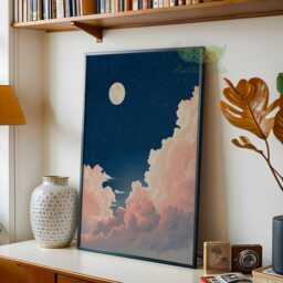 Moon & Clouds Wall Art, Dreamy Night Sky Print, Retro Celestial Poster, Pink Cloud Painting, Minimal Artwork, Bedroom Decor - thumbnail 2