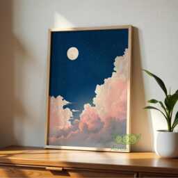 Moon & Clouds Wall Art, Dreamy Night Sky Print, Retro Celestial Poster, Pink Cloud Painting, Minimal Artwork, Bedroom Decor - thumbnail 3