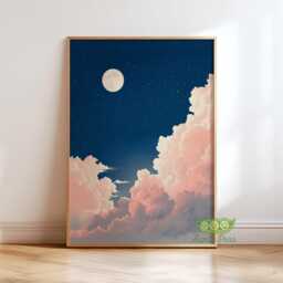 Moon & Clouds Wall Art, Dreamy Night Sky Print, Retro Celestial Poster, Pink Cloud Painting, Minimal Artwork, Bedroom Decor - thumbnail 1