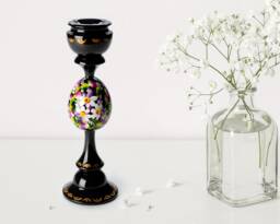 Ukrainian Hand Painted Wooden Candle Stick Holder, Handmade Tall Black Table Home Decor, Petrykivka Gift Ukraine Shop, S072 - thumbnail 1