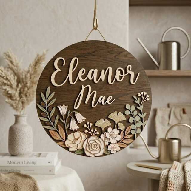 Personalized Wooden Nursery Name Sign, Custom Baby Girl Plaque, 3D Boho Floral Decor, Neutral Room Wall Gift - image 1