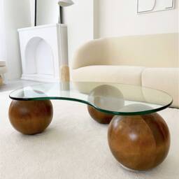 Wooden Ball Coffee Table Glass Top, Modern Living Room Decor - thumbnail 4