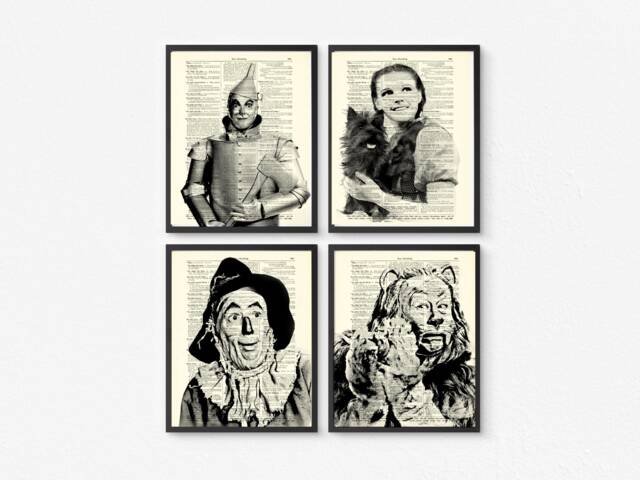 125+ Year Old Antique Dictionary Pages With Wizard Of Oz Portraits, 4 Set, Dorothy & Toto, The Tin Man, Cowardly Lion, Scarecrow, Halloween - image 1