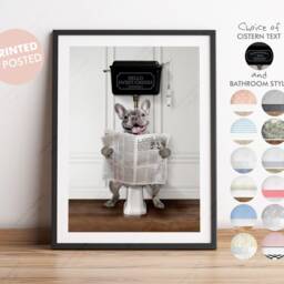Grey French Bulldog On Toilet With Newspaper, Victorian Toilet, Funny Bathroom Print, Dog Wall Art, Gift - thumbnail 2