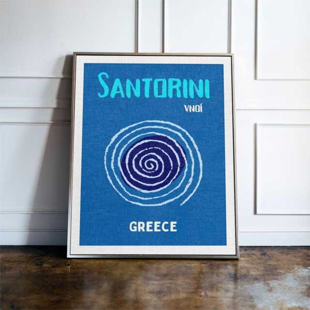 Santorini Greece Travel Poster, Blue Spiral Wall Art, Modern Mediterranean Print, Summer Coastal Decor, Gift For Travelers - image 1