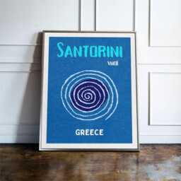 Santorini Greece Travel Poster, Blue Spiral Wall Art, Modern Mediterranean Print, Summer Coastal Decor, Gift For Travelers - thumbnail 1