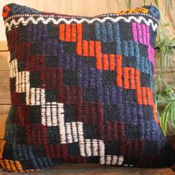 40cm - 16Inch Boho Kilim Cushion Cover Handwoven - Full Weave Brocade Vibrant Moody Maroon Orange - thumbnail 2