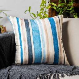 Watercolour Ocean Stripe Cushion Cover. Traditional Nautical Horizontal Stripes in Marine Blue & Grey Hues. 17x17 - thumbnail 1