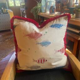 Decorative Red & Blue Fish Pillow - Beach Decor Lake Cabin - thumbnail 3