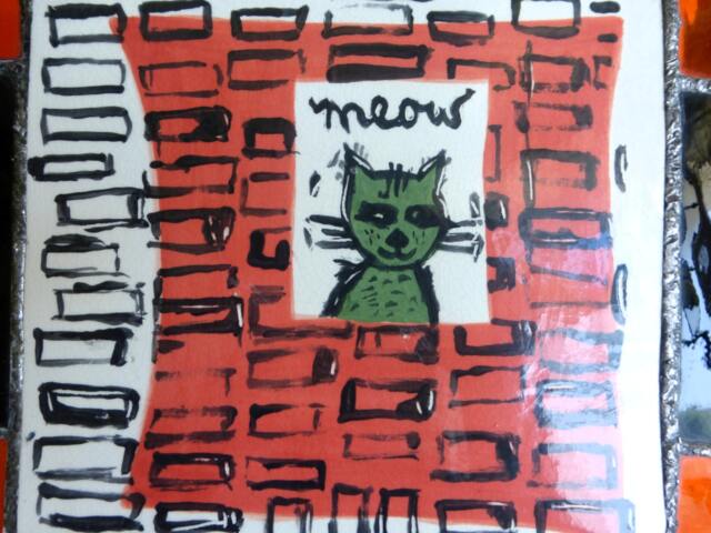 Glass & Ceramic Cat Art Wall Hanging, Red White Black Orange Green - image 1