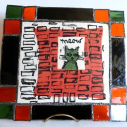 Glass & Ceramic Cat Art Wall Hanging, Red White Black Orange Green - thumbnail 2