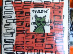 Glass & Ceramic Cat Art Wall Hanging, Red White Black Orange Green