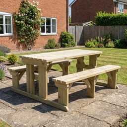 One-Piece Wooden Picnic Bench - Abies Integrated Garden Table & Seating Heavy Duty 1-10 Seater Outdoor Dining Set Treated Timber - thumbnail 1