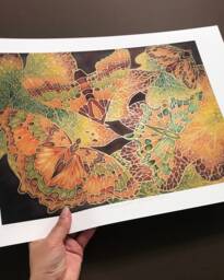 Butterfly Art Print in Warm Caramel & Moss Green - Camouflage Butterflies On Leaves Unmounted Living Dining Bed Room - thumbnail 1