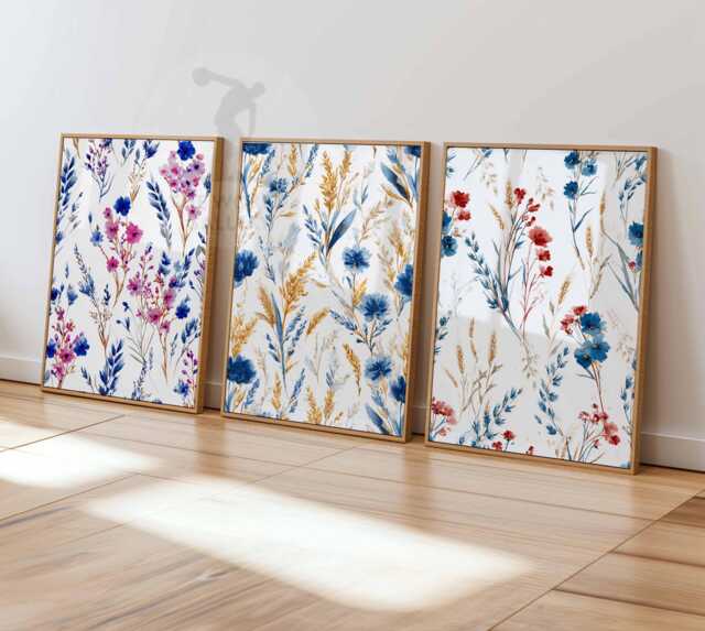 Colourful Wildflower Set Of 3 Posters, Boho Floral Botanical Wall Art, Modern Pressed Flowers Tropical Nature Decor - image 1
