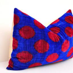 Red Navy Velvet Ikat Pillow Cover, Handloom Silk Cushion - thumbnail 2