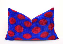 Red Navy Velvet Ikat Pillow Cover, Handloom Silk Cushion - thumbnail 1