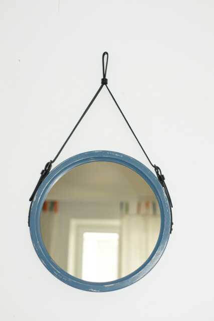 Large Round Mirror With Leather Strap, Wood Distress Frame Mirror, Decorative Wall Framed For Vanity, Modern - image 1