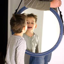 Large Round Mirror With Leather Strap, Wood Distress Frame Mirror, Decorative Wall Framed For Vanity, Modern - thumbnail 3