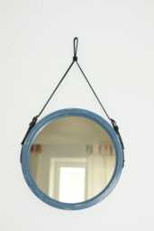 Large Round Mirror With Leather Strap, Wood Distress Frame Mirror, Decorative Wall Framed For Vanity, Modern - thumbnail 1